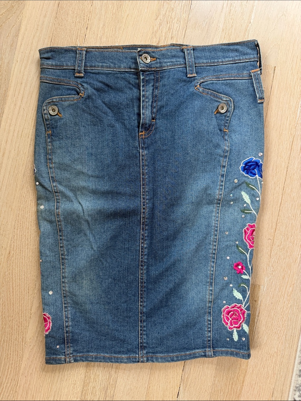Dolce & Gabbana Blue Denim Midi Skirt with Pink & Blue Floral Embroidery